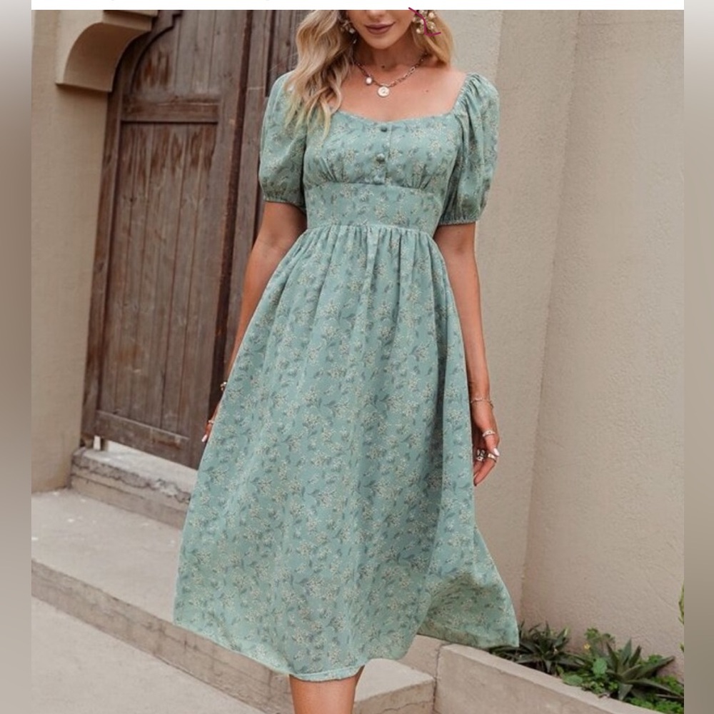 Small Simplee Sage Floral Puff Sleeve Sweetheart Midi Sundress
